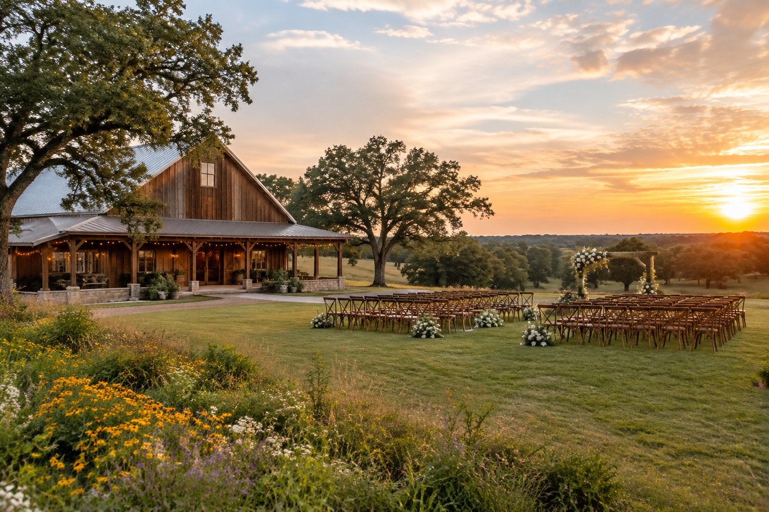 A rustic barn wedding venue surrounded by green countryside, oak trees, wildflowers, and an outdoor ceremony area at sunset.