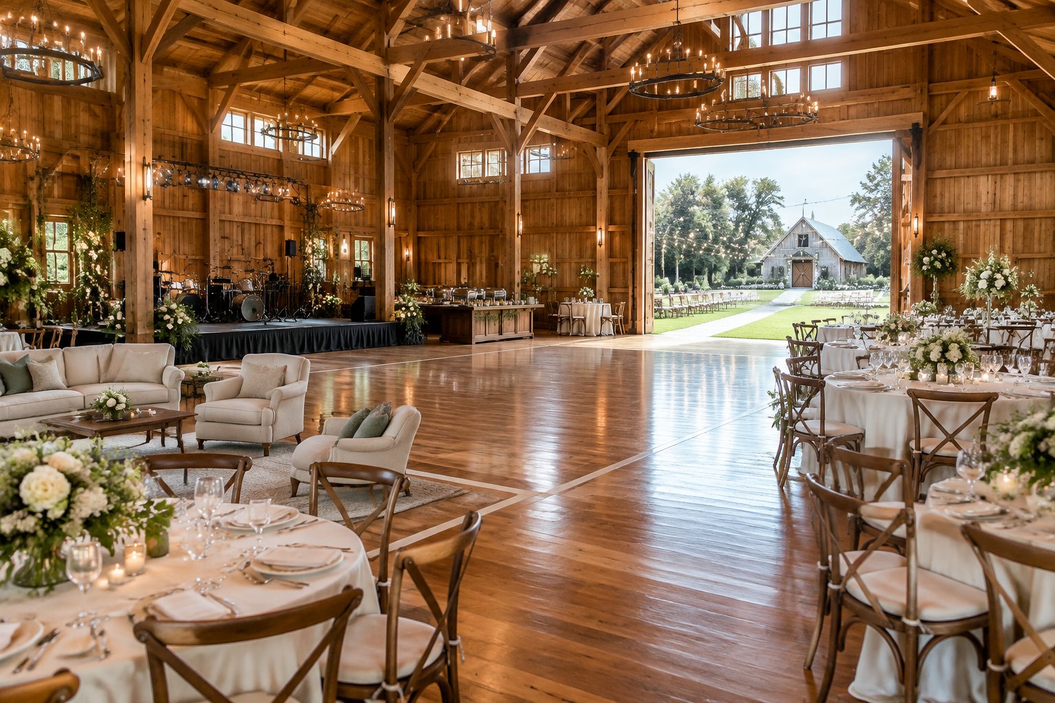 Rustic barn wedding venue with a decorated reception hall, dance floor, catering area, and outdoor ceremony lawn.