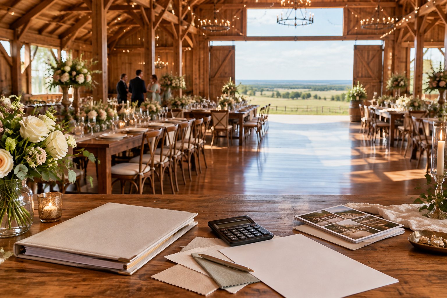 Elegant barn wedding reception with rustic decorations, planning materials, and the North Texas countryside visible outside.