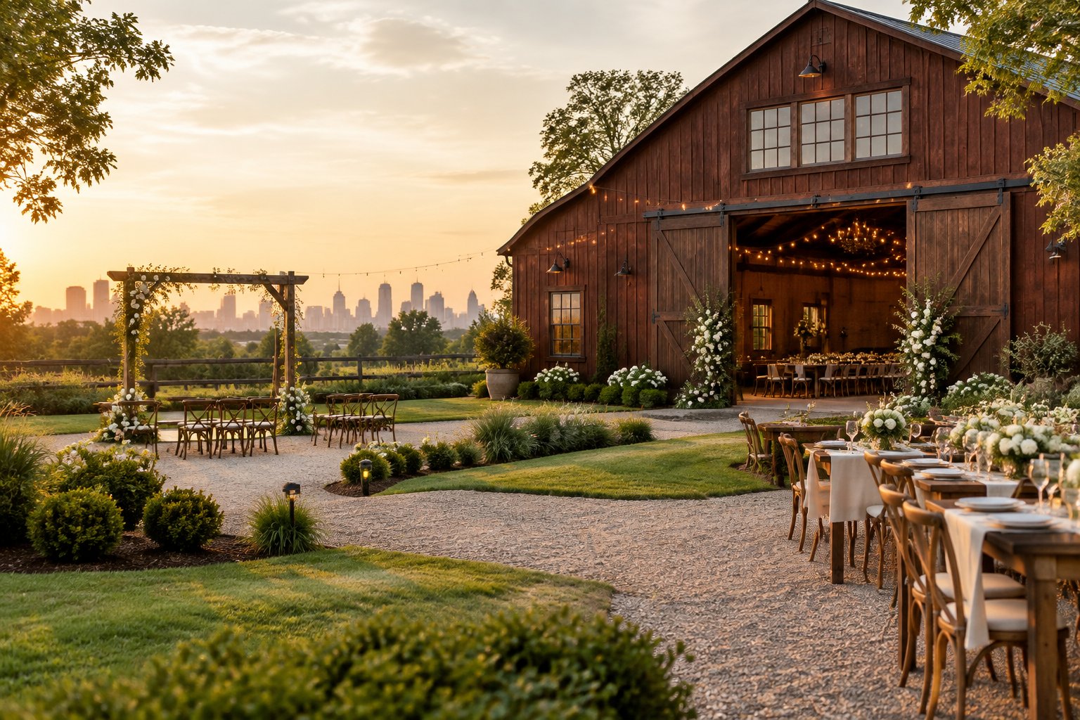 A rustic barn wedding venue with outdoor ceremony seating, floral decorations, string lights, and landscaped grounds.