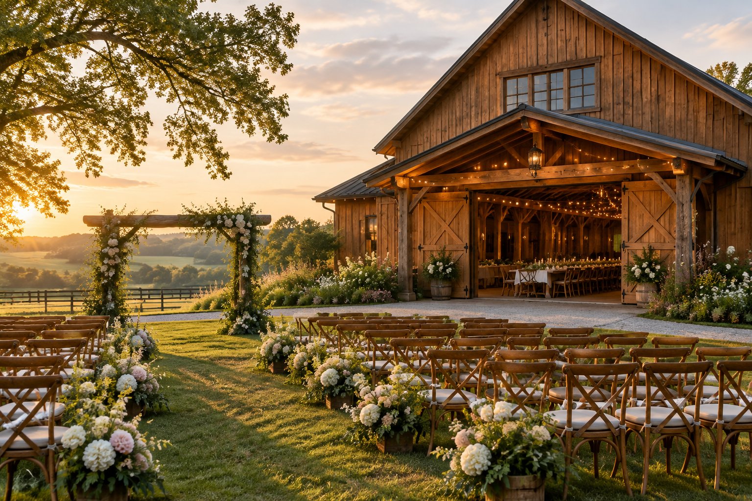A rustic barn wedding venue with outdoor ceremony chairs, floral decorations, and countryside surroundings.
