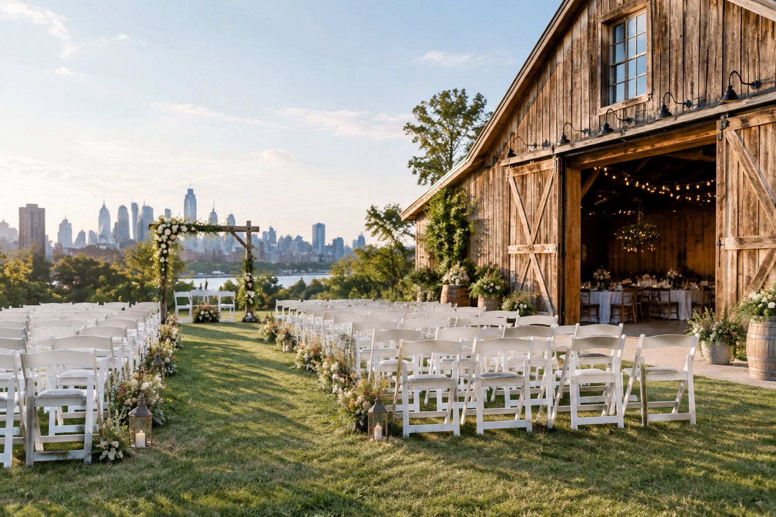 A rustic wedding ceremony setup beside a wooden barn-style venue with white chairs, flowers, and greenery.