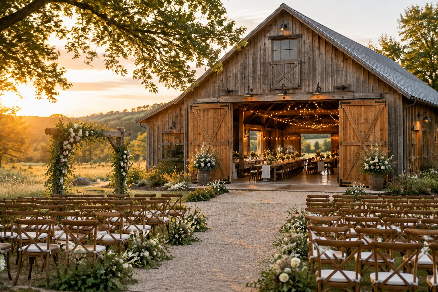 A rustic barn wedding venue with an outdoor ceremony setup, floral arch, string lights, and decorated reception tables.