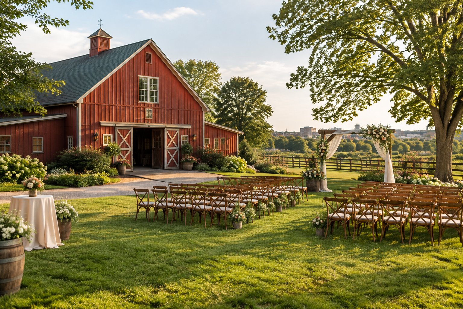 A rustic red barn wedding venue surrounded by green fields, trees, and an outdoor ceremony setup.