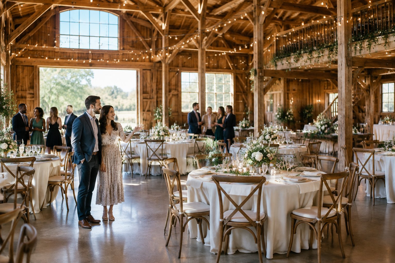 A couple reviews a spacious decorated barn wedding venue while guests mingle near arranged reception tables.