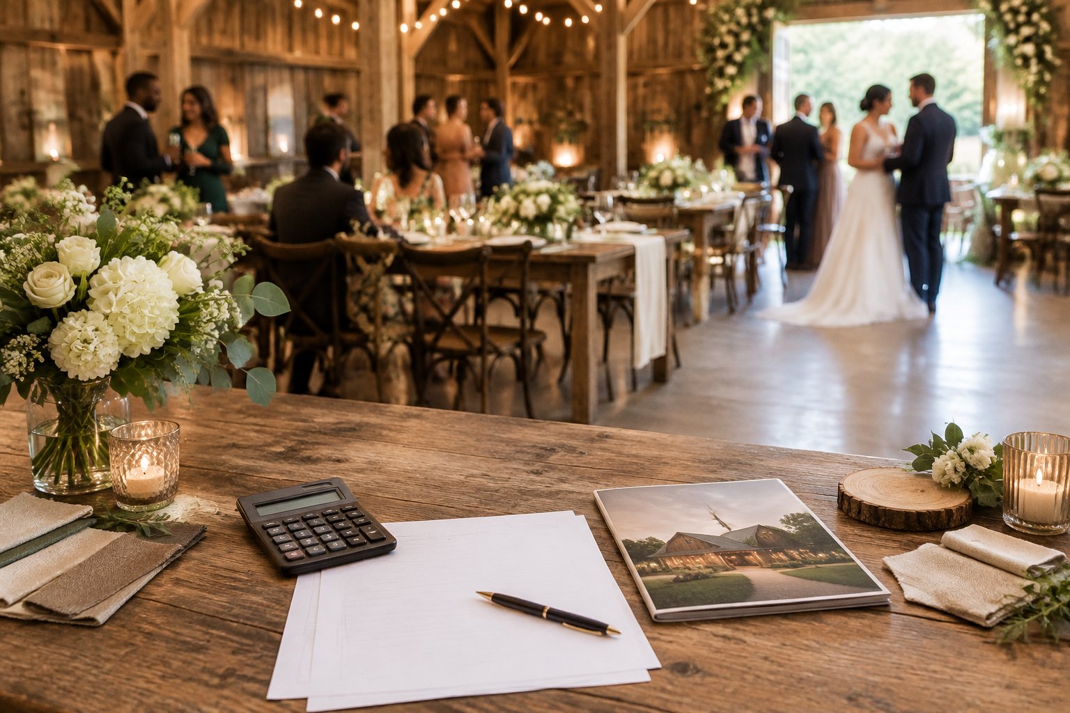 A rustic barn wedding reception with guests and a foreground table displaying wedding planning supplies.