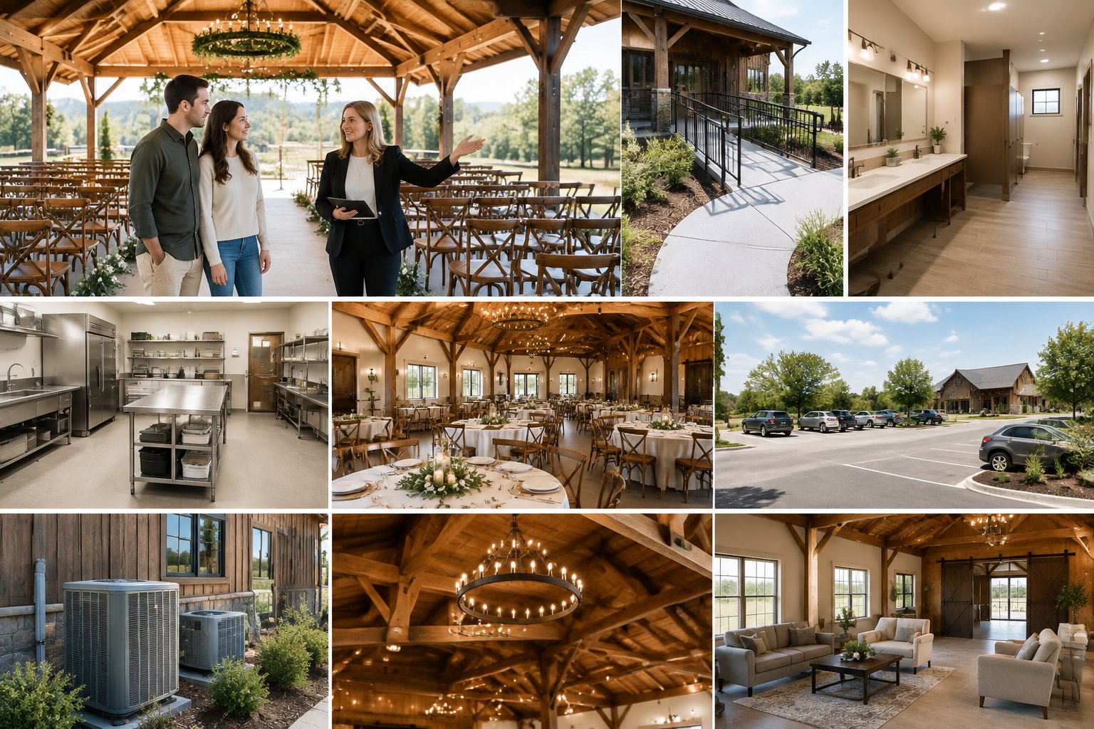 A couple tours a rustic barn wedding venue with a coordinator while reviewing its facilities and amenities.