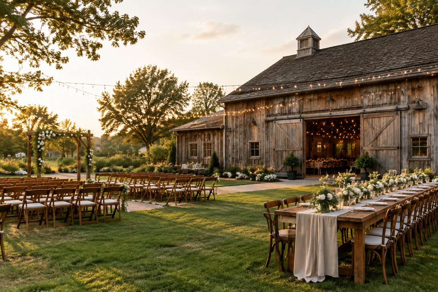 Rustic barn-style wedding venue with outdoor ceremony seating, floral decor, string lights, and landscaped grounds.