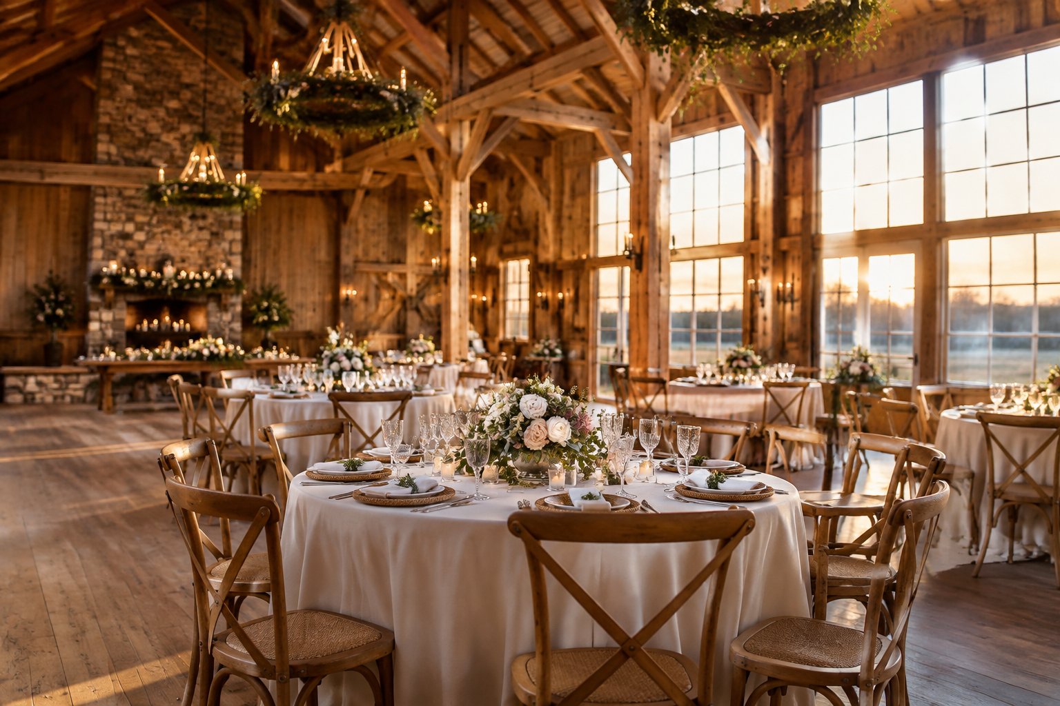 Elegant rustic wedding reception arranged inside a sunlit barn.