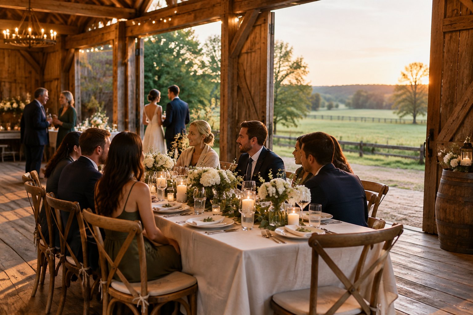 An intimate wedding reception set inside a warmly lit rustic barn overlooking green countryside.