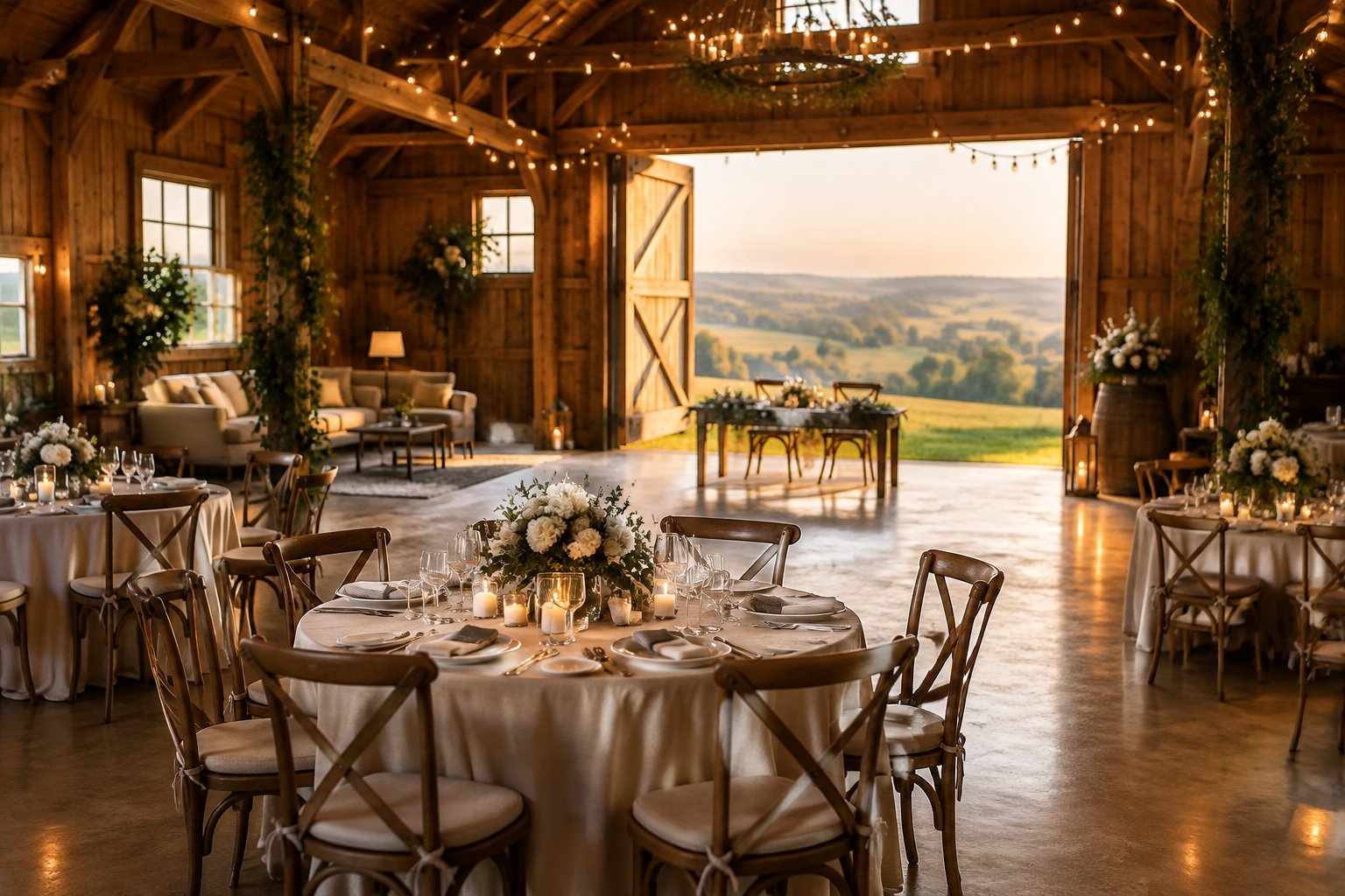 An intimate wedding reception set inside a warmly lit rustic barn overlooking the countryside.