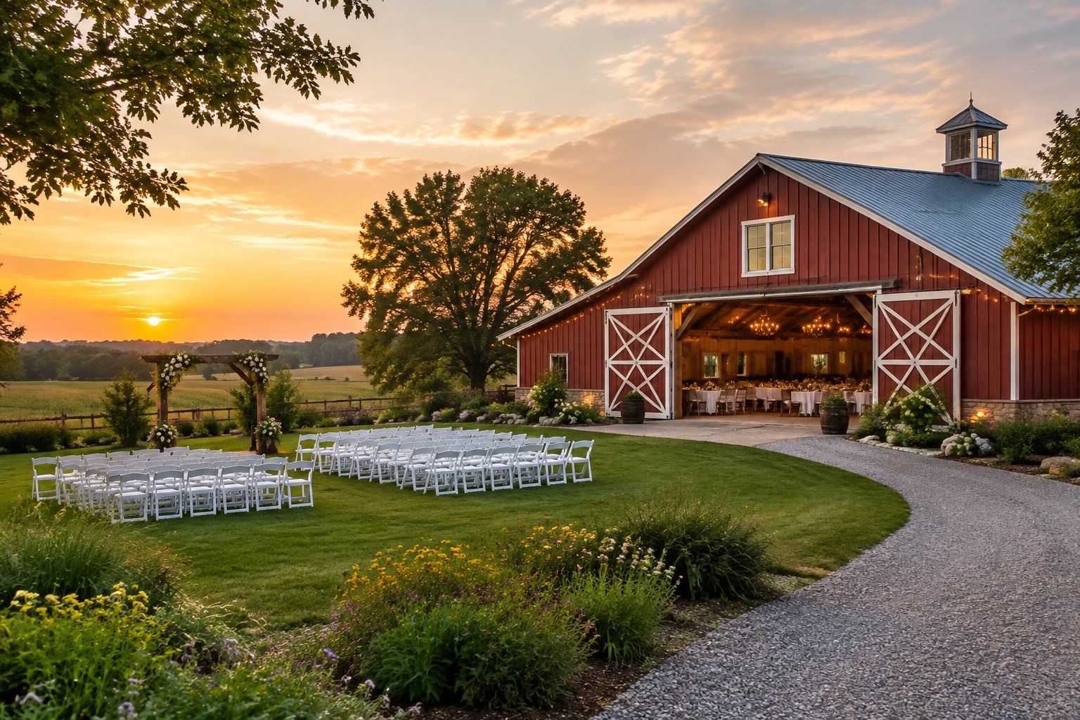 A rustic red barn wedding venue with outdoor ceremony chairs, floral decorations, and countryside surroundings.