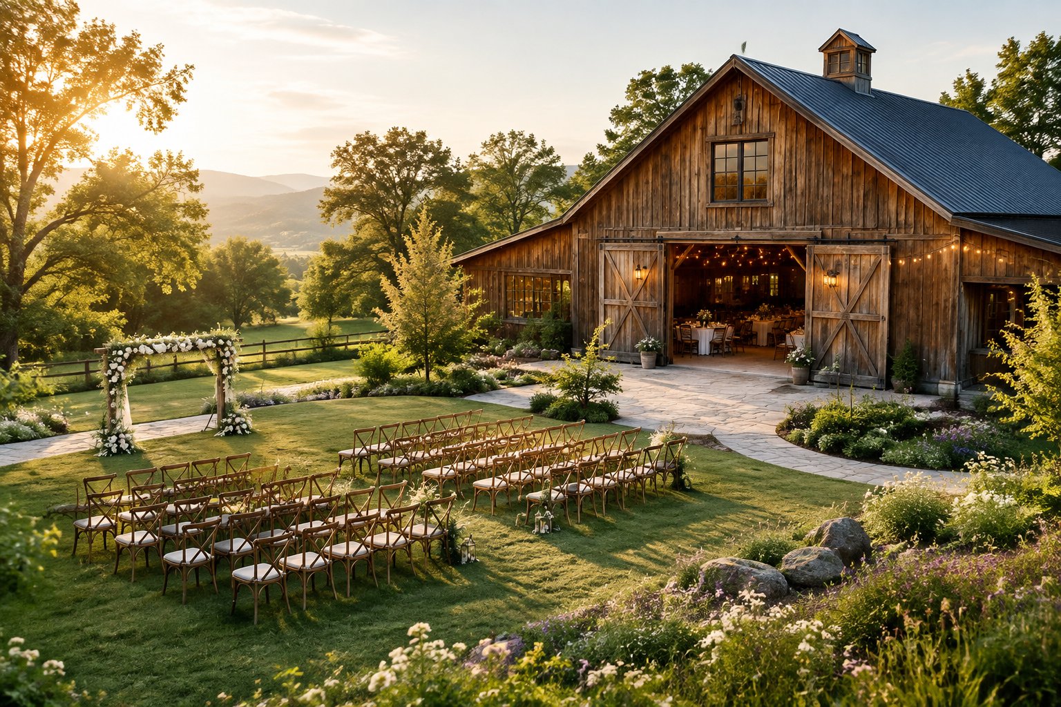 A rustic barn wedding venue surrounded by a meadow, with outdoor ceremony chairs and floral decorations.