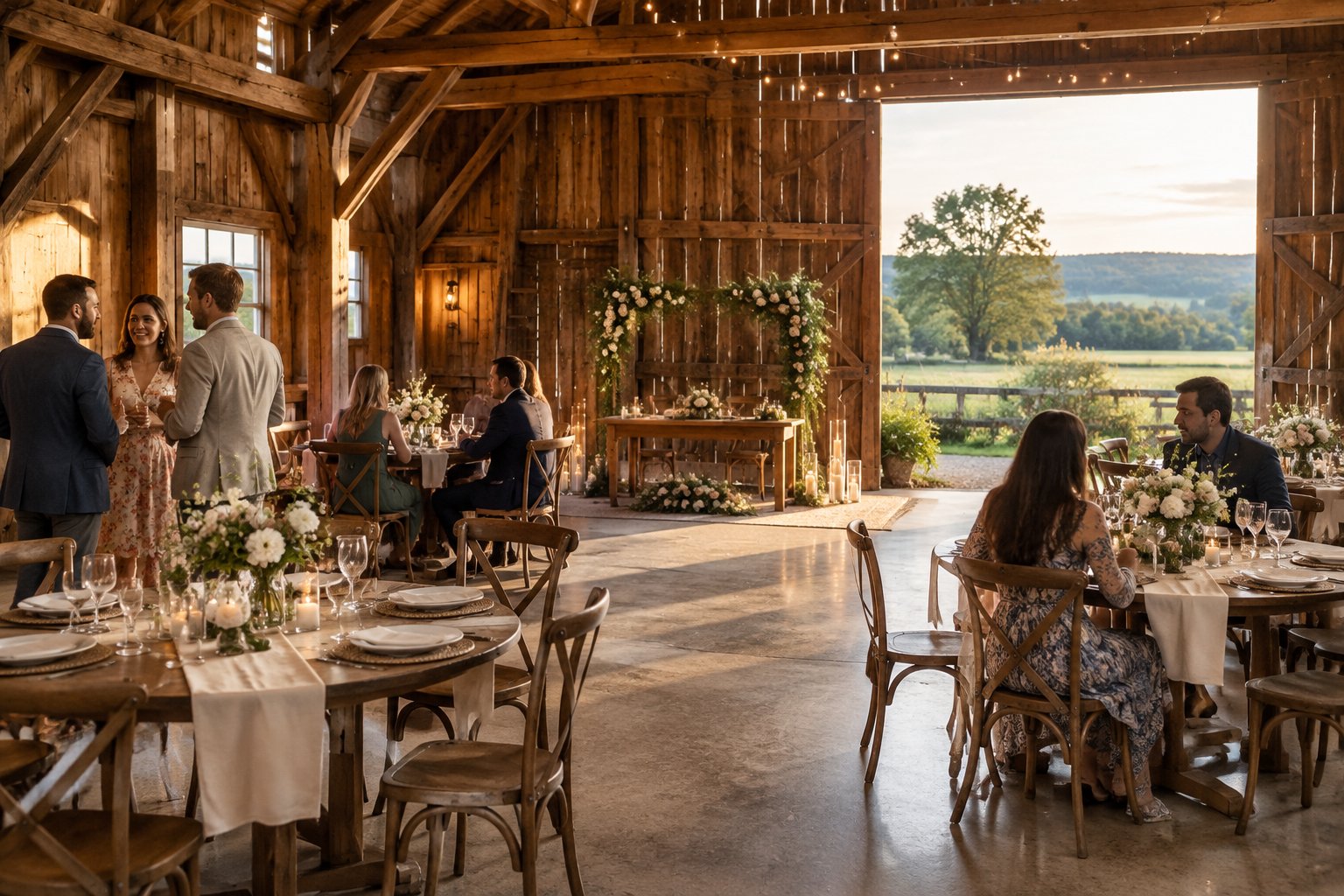 A small wedding reception arranged inside a warmly lit rustic barn.