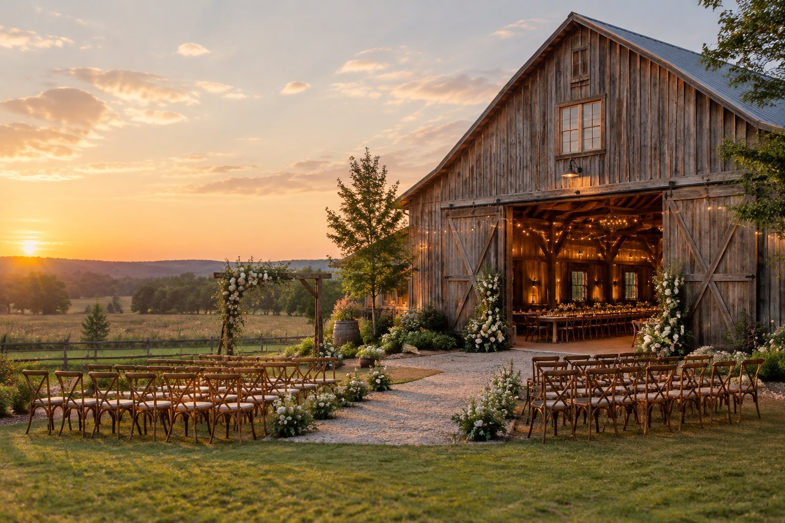 A decorated rustic barn wedding venue surrounded by a sunny countryside meadow.
