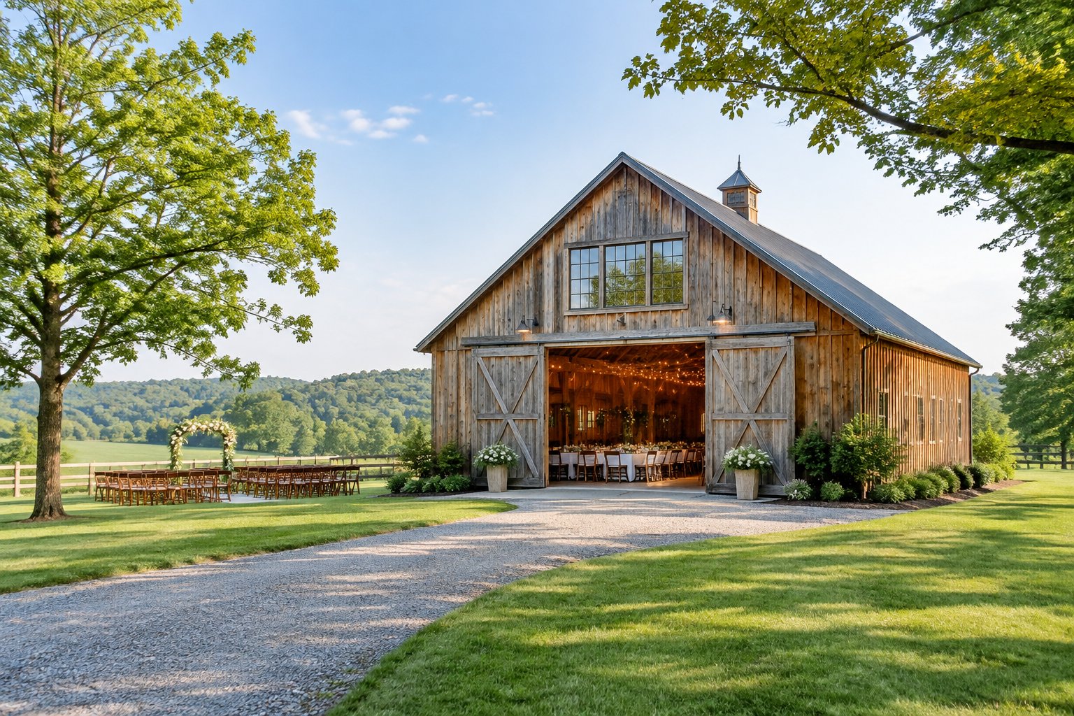A rustic barn wedding venue surrounded by green countryside, with outdoor ceremony chairs and soft lighting.