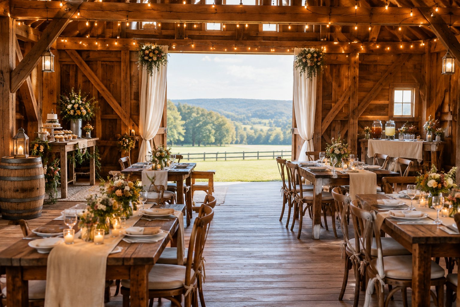 A warmly decorated barn interior set up for a small wedding beside a peaceful countryside landscape.