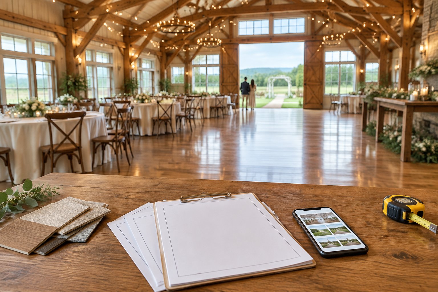 A rustic barn wedding venue with a table displaying blank comparison materials and a smartphone.