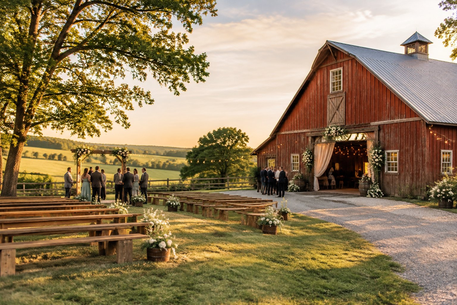 A rustic barn wedding venue with string lights, flowers, wooden seating, and guests in a sunlit countryside setting.