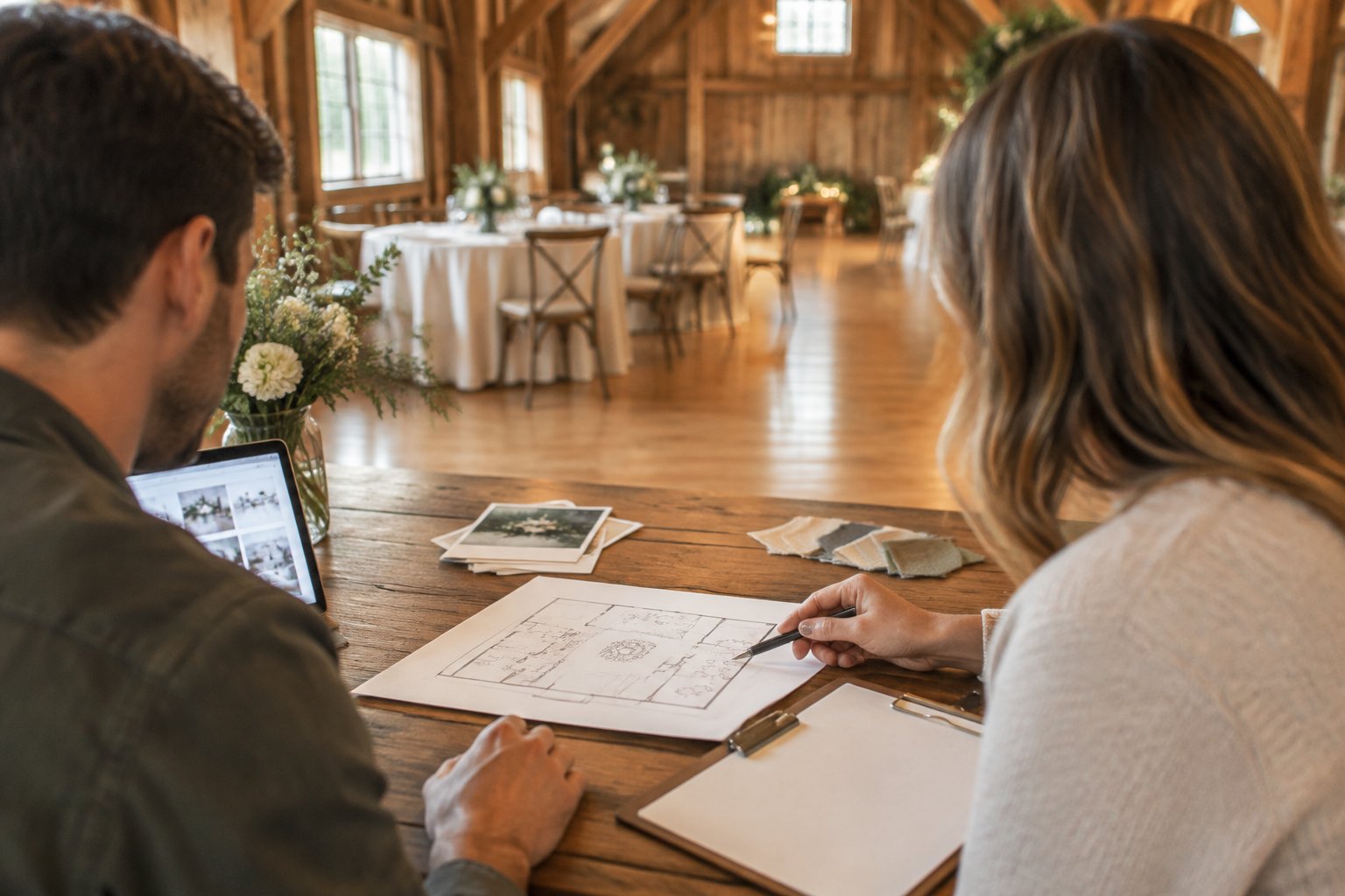A couple reviews wedding venue planning materials at a table inside a warmly lit rustic barn.