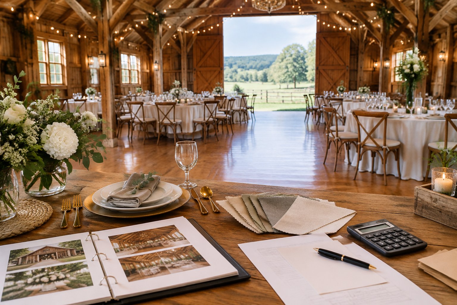 A decorated barn wedding reception with tables, flowers, and wedding planning materials on a nearby table.