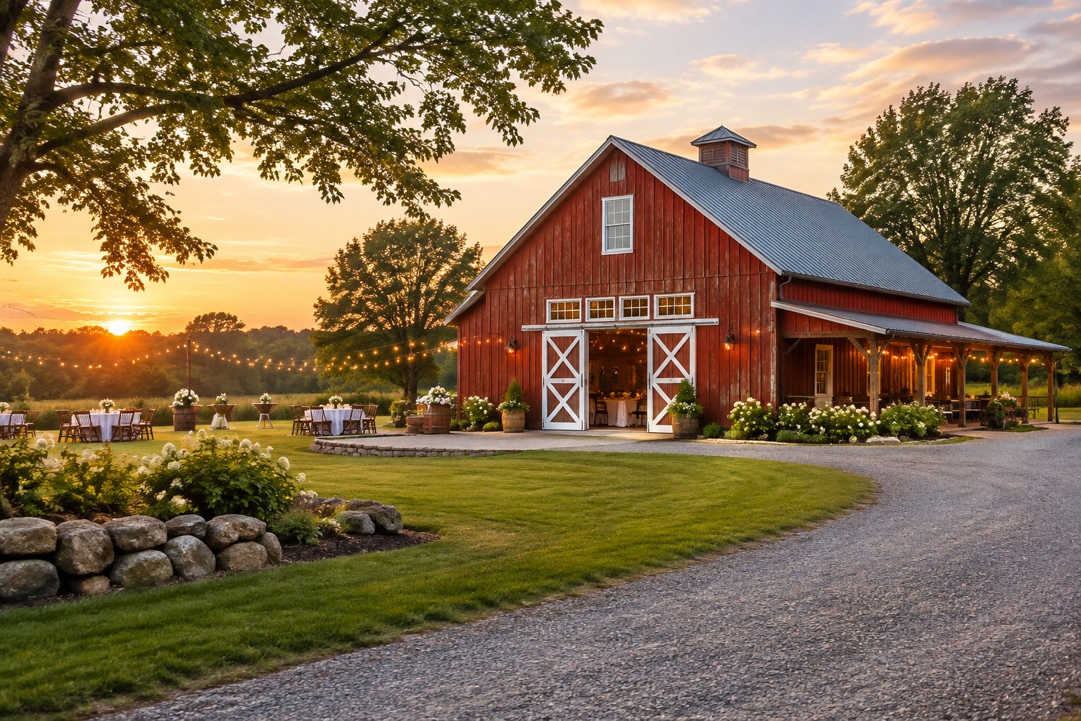 A rustic red barn wedding venue surrounded by a green meadow and trees at golden hour.