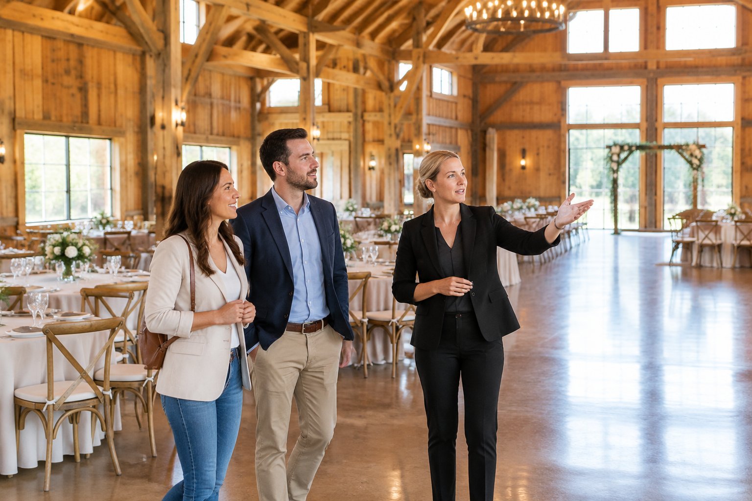 An engaged couple tours a rustic barn wedding venue with a coordinator.