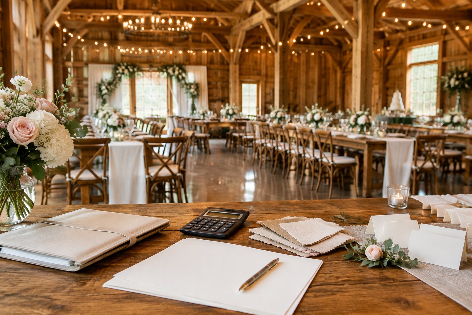 An elegant rustic wedding reception set inside a barn with tables, flowers, warm lighting, and wedding planning materials.
