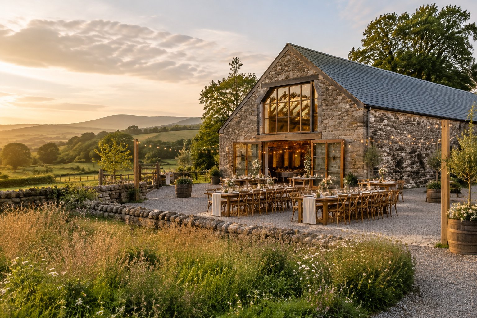 A rustic barn wedding venue surrounded by green countryside, with decorated tables and string lights outside.