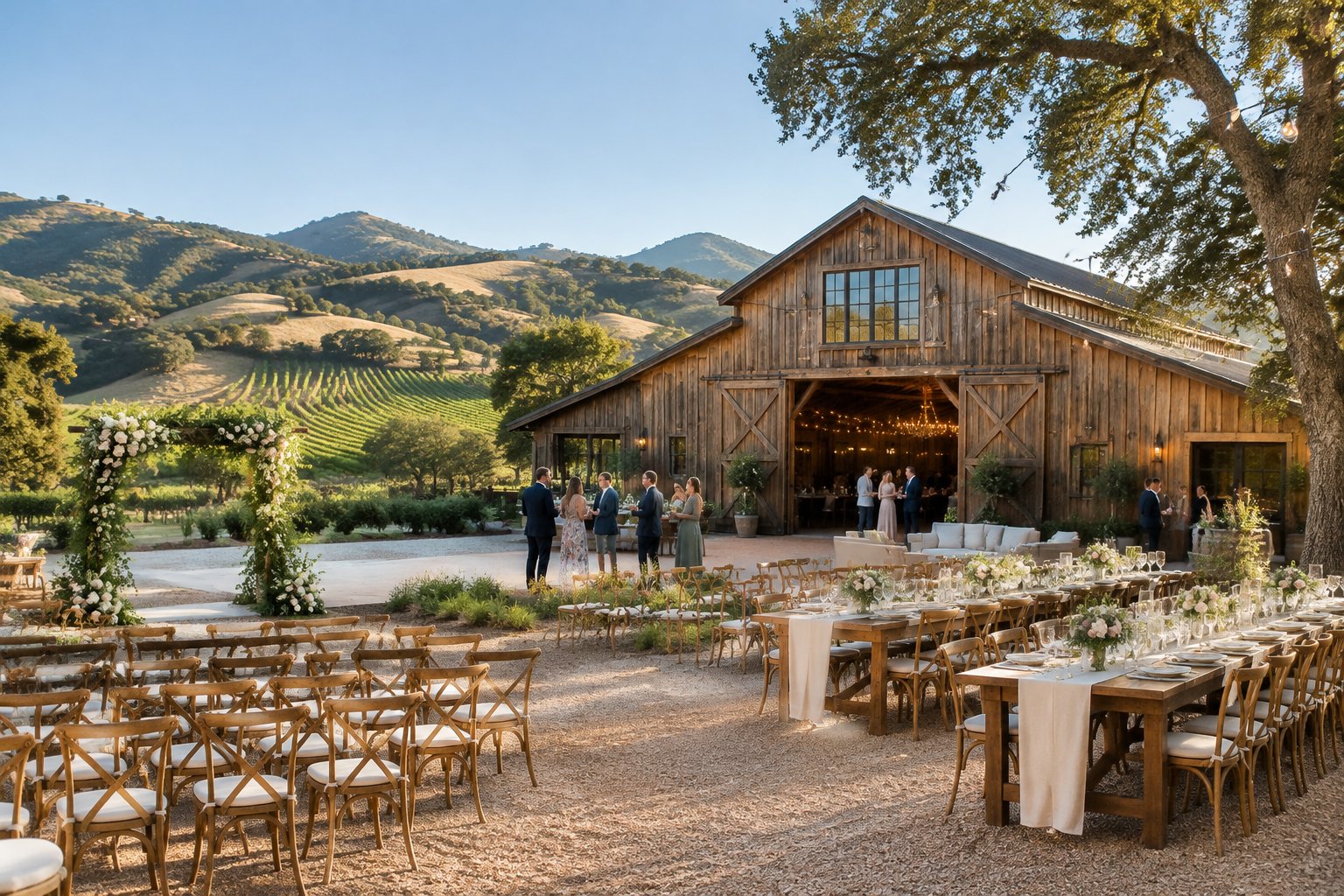 A rustic barn wedding venue surrounded by rolling hills, oak trees, and vineyard rows, with outdoor ceremony seating and floral decorations.
