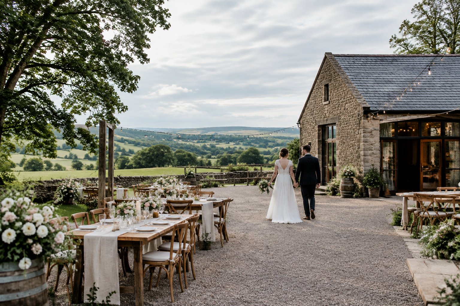 A couple walks beside a rustic barn wedding venue surrounded by green Ayrshire countryside.