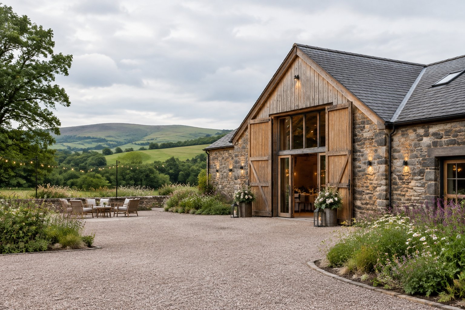 A rustic stone and timber barn wedding venue in the green Ayrshire countryside.