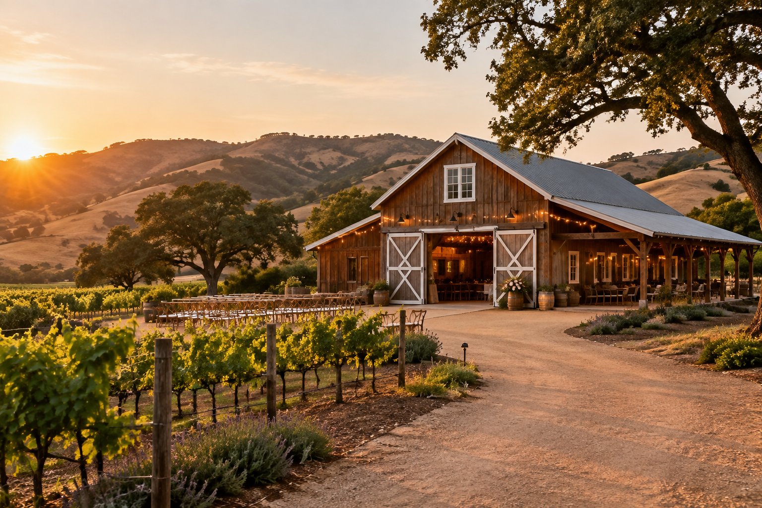 A rustic barn wedding venue surrounded by oak trees, rolling hills, and vineyard rows in warm evening light.