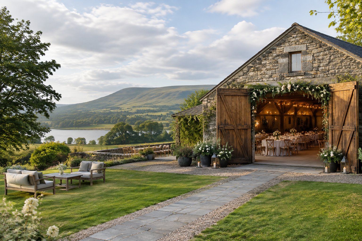 A rustic barn wedding venue surrounded by green Irish countryside, with tables, flowers, and warm lights.