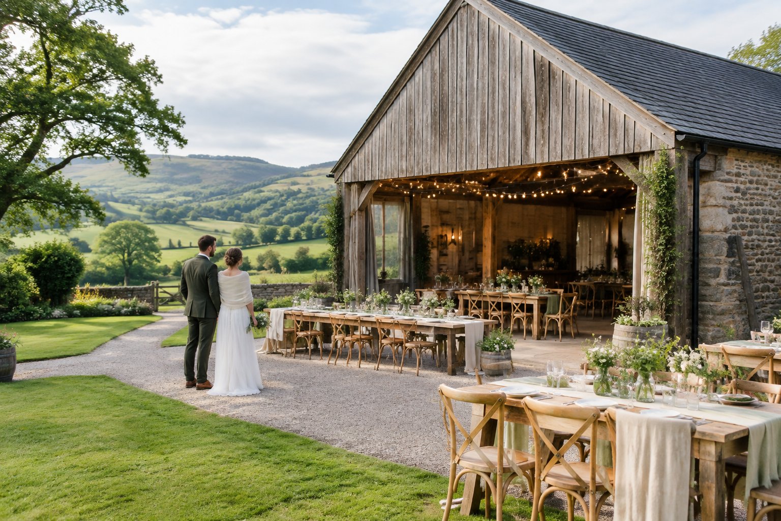 A rustic wedding barn with an outdoor reception setup in the green Ayrshire countryside.