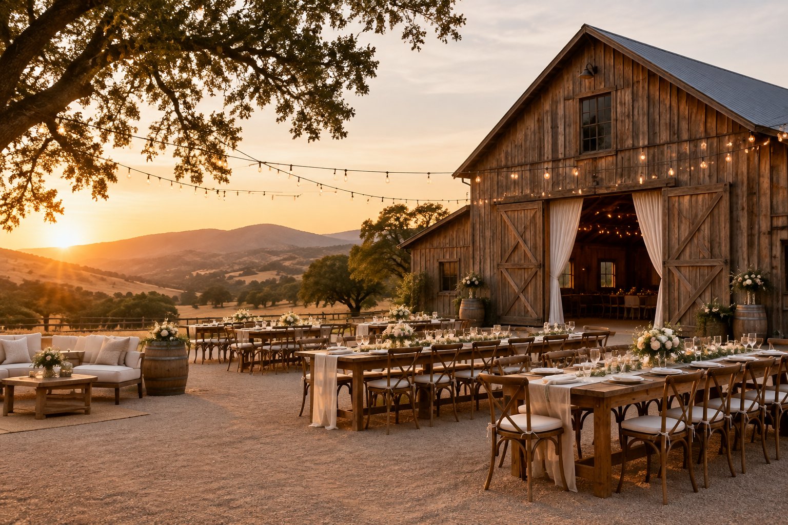 A decorated barn wedding venue with tables, string lights, and rolling hills in the background.