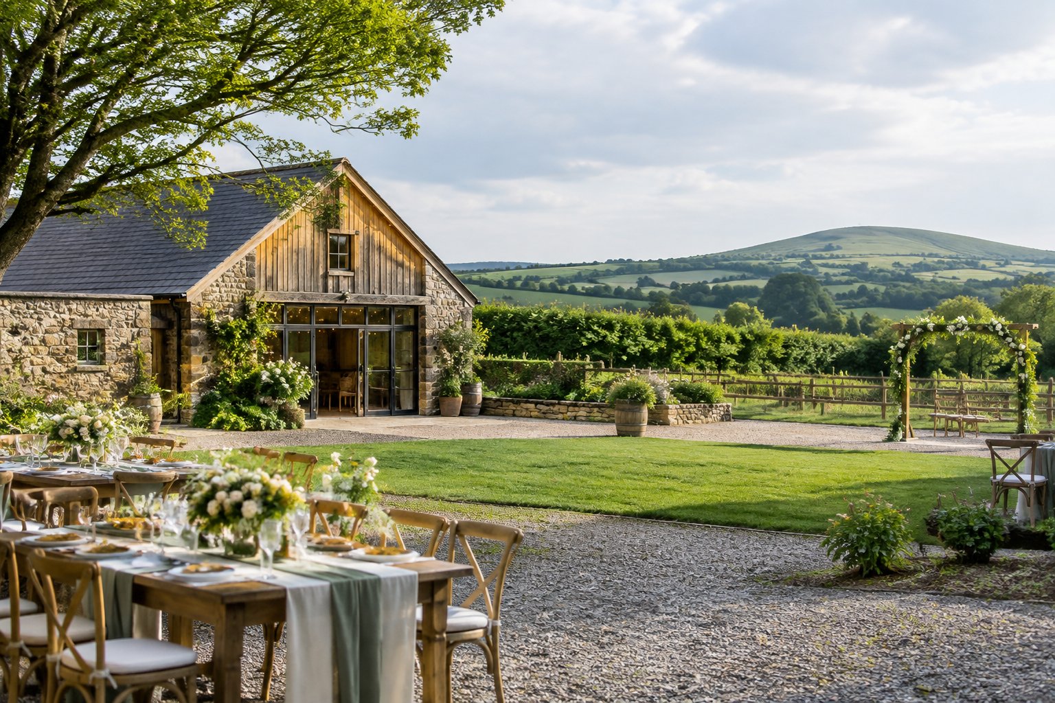A rustic wedding barn surrounded by green Irish countryside with an elegant outdoor reception setup.