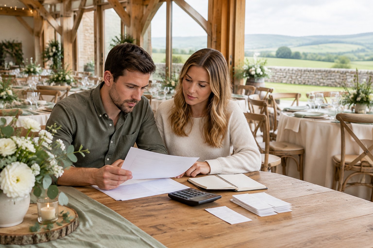 A couple reviews wedding budget materials at a rustic barn reception venue overlooking the Ayrshire countryside.