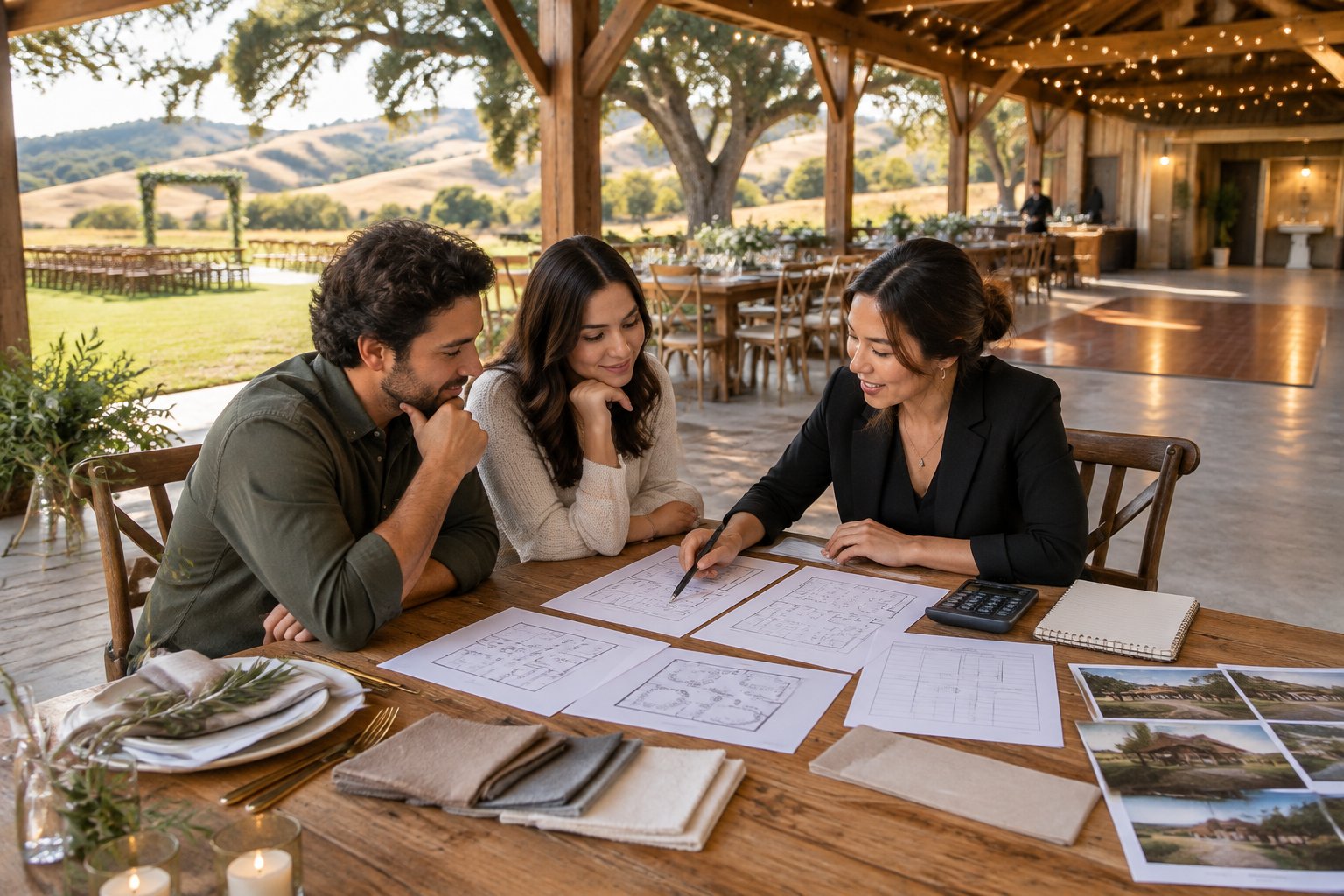 A couple and wedding planner compare venue materials at a table inside a rustic barn wedding venue overlooking rolling countryside.