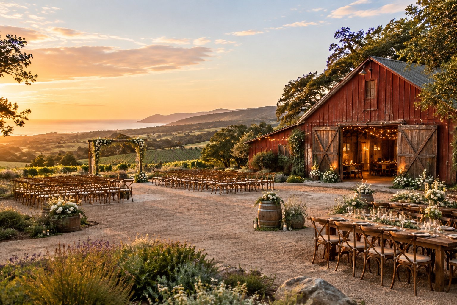 A rustic barn wedding venue surrounded by green hills and oak trees at sunset.