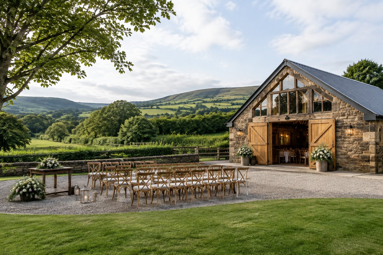 A rustic barn wedding venue surrounded by green Northern Irish countryside.