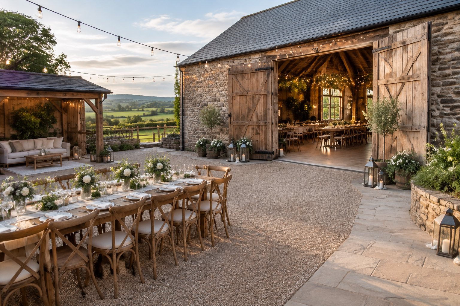 A rustic Irish barn wedding venue with an open courtyard, elegant tables, floral arrangements, and green countryside surroundings.