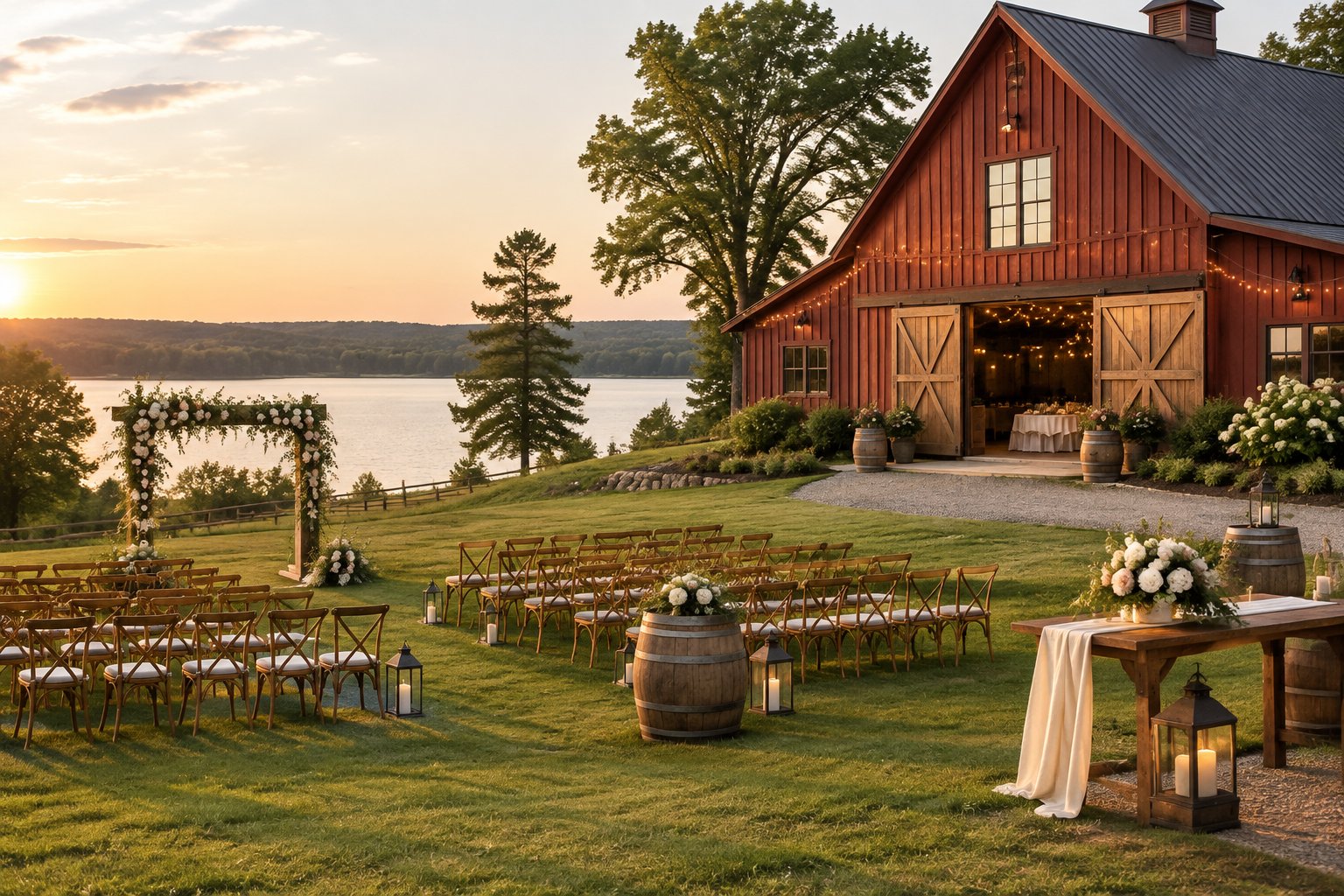 A rustic wedding barn beside a calm lake, with chairs, a floral arbor, and rolling green countryside.