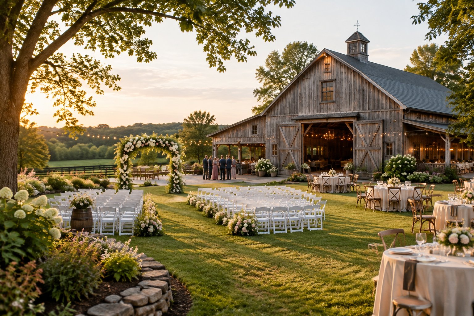 A rustic barn wedding venue with white ceremony chairs, floral decorations, and reception tables surrounded by greenery.