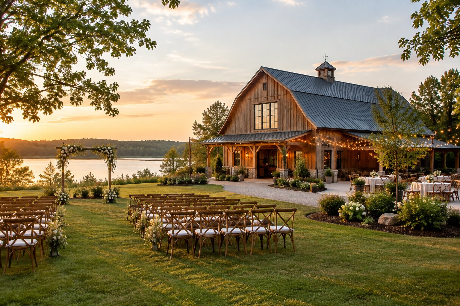 A rustic barn wedding venue beside a lake, with outdoor ceremony seating, flowers, and string lights.