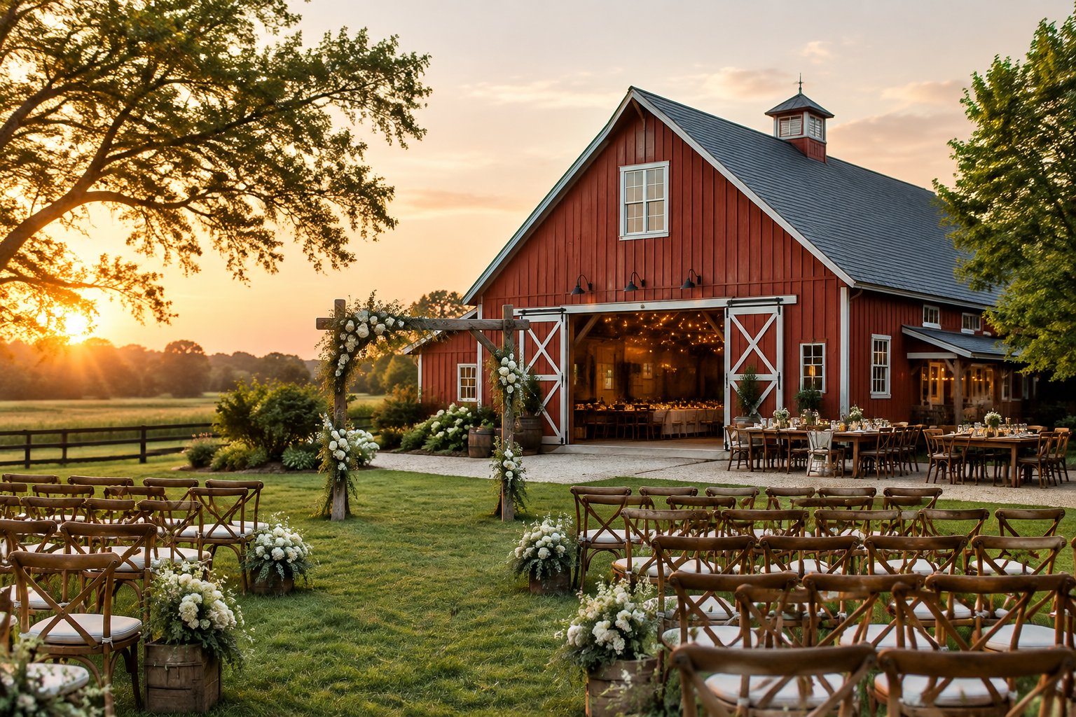 A rustic red barn wedding venue surrounded by green fields, with outdoor ceremony chairs, a floral arbor, and decorated reception tables.