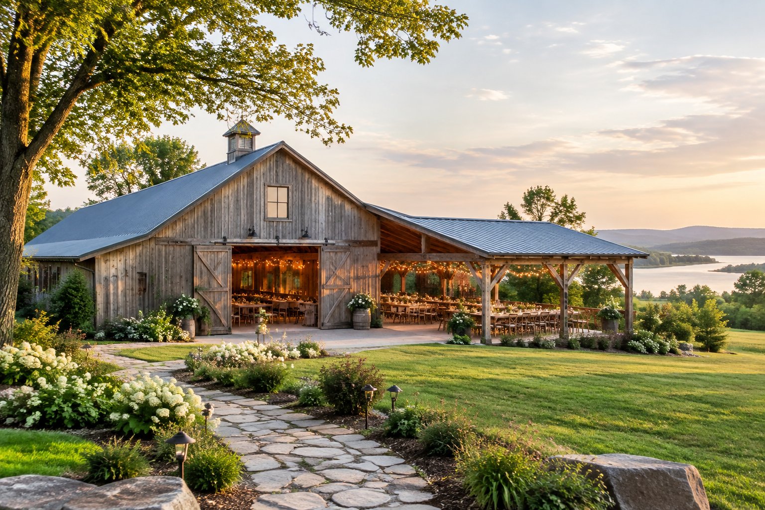 A rustic wedding barn surrounded by green fields and trees in the Kawartha Lakes countryside.