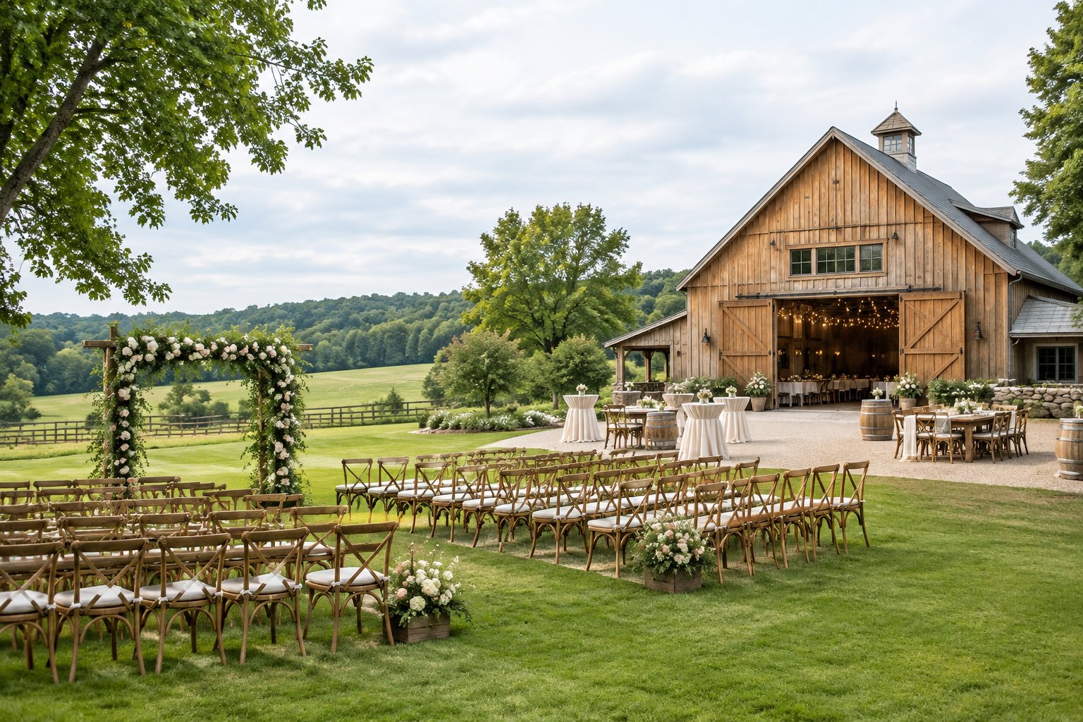 A refined barn wedding venue with an outdoor ceremony setup, reception tables, and green New England countryside.