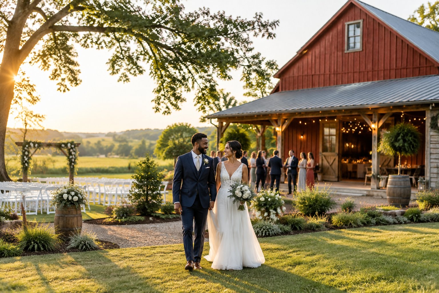 A newlywed couple walks beside a rustic barn while guests gather in a scenic countryside wedding setting.