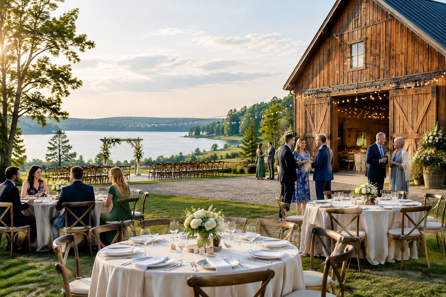 Guests gather at a decorated barn wedding venue beside a peaceful lake.